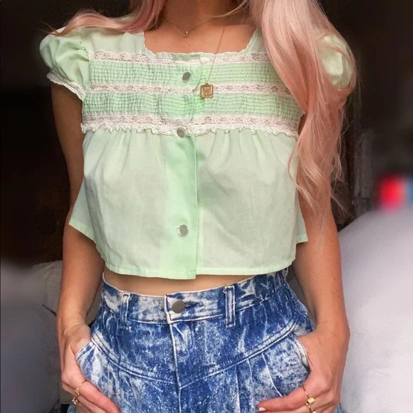 SOLD Pastel Green Peasant Babydoll Crop Top - Picture 1 of 9